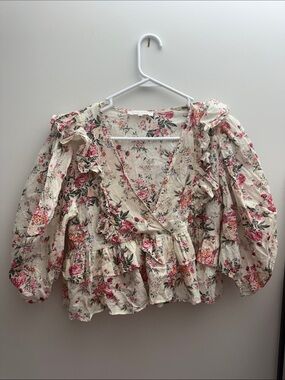 Olivaceous Cream Floral Ruffle Wrap Blouse with Pink Blooms